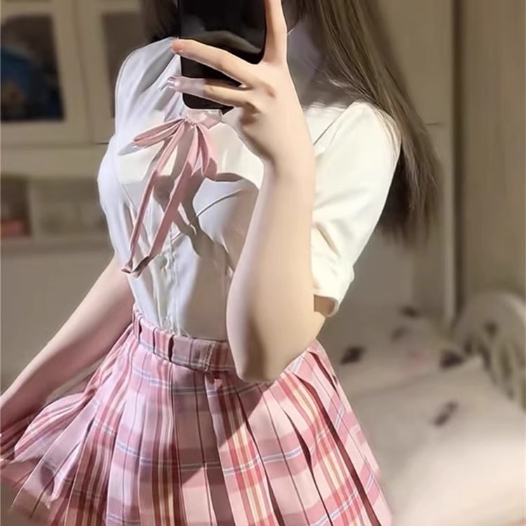 42CM [Candy] Plaid Skirt + Pink Collar