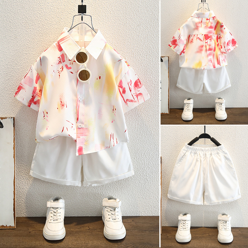 7831 Ropa para niños Camisa de manga corta para niños Traje fino de verano Camisa de moda para bebés Pantalones blancos de manga corta Traje de dos piezas