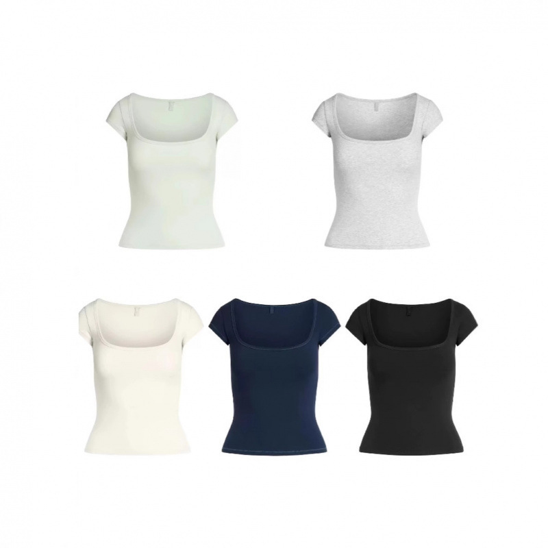 Skims Kardashian Cotton Jersey Scoop Neck T-Shirt Square Neck French Short-Sleeved T-Shirt