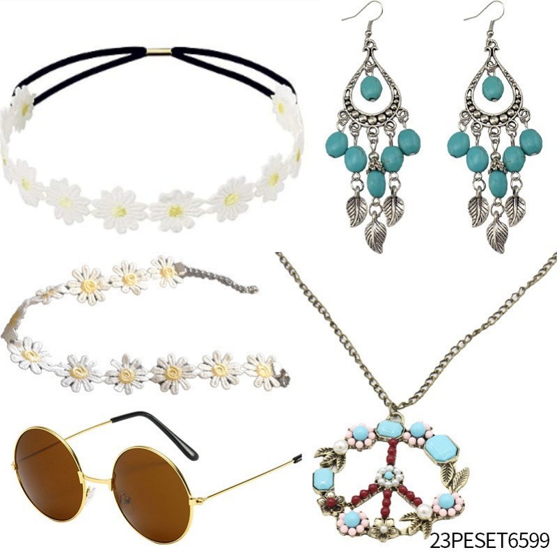 Accesorios de vestir hippies de la década de 1960, diadema de girasol, gafas redondas, conjunto de aretes de collar de talismán de paz
