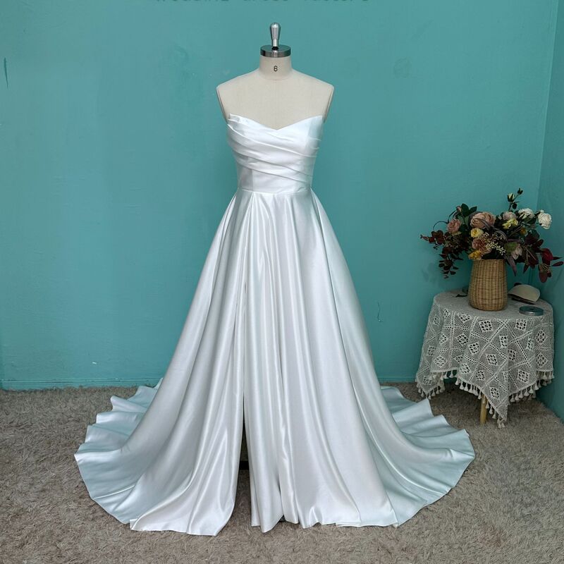 Foreign Trade Cross-Border A-Line Wedding Dress with Slit, Satin Train, Strapless, Amazon Wholesale Long Gown for Prom Foreign Trade Cross-Border A-Line Wedding Dress with Slit, Satin Train, Strapless, Amazon Wholesale Long Gown for Prom