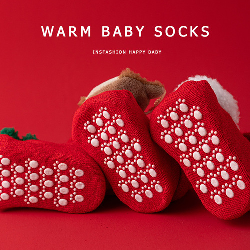 Newborn Baby Fall/Winter Thicker Warm Red Overcoat Waterproof Snowman Christmas Learning to Walk Floor Socks
