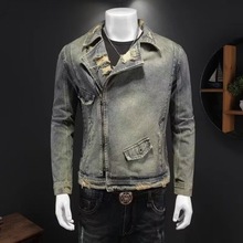 重机车服新款男做旧灰摩托服牛仔外套男潮牌高端夹克工装上衣