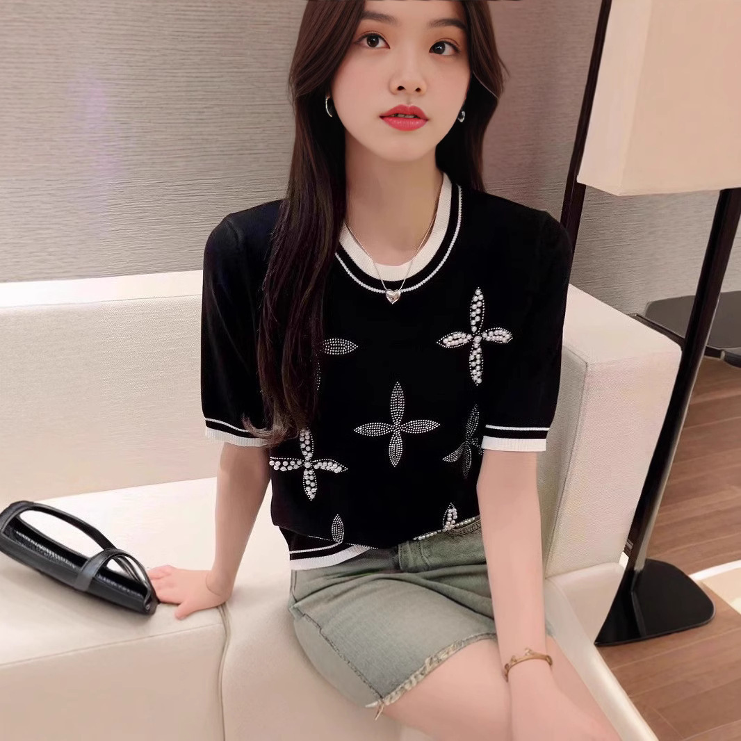 New Store Counter Ice Silk Short-sleeved Knitted Sweater Women's Summer New Heavy Industry Beaded Diamond Casual Thin Top