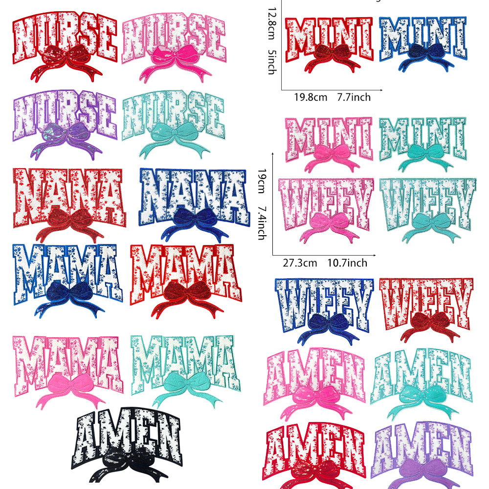 跨境新款四色MAMA蝴蝶结系列28cm大补帖背胶熨烫款服饰搭配布贴