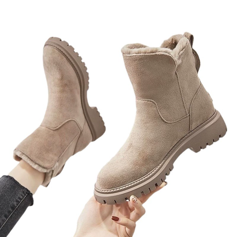Зимние сапоги, женские модные, 2023, новые зимние туфли до середины икры на флисовой подкладке, толстые теплые туфли с хлопковой подкладкой, меховые интегрированные зимние женские сапоги