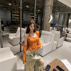 秋季穿搭套装女宽松辣妹长袖针织开衫橘色短款挂脖背心上衣两件套