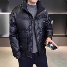 立领休闲羽绒服男士短款潮牌保暖PU皮防寒外套2025新款冬季男装