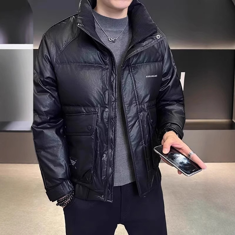 立领休闲羽绒服男士短款潮牌保暖PU皮防寒外套2025新款冬季男装