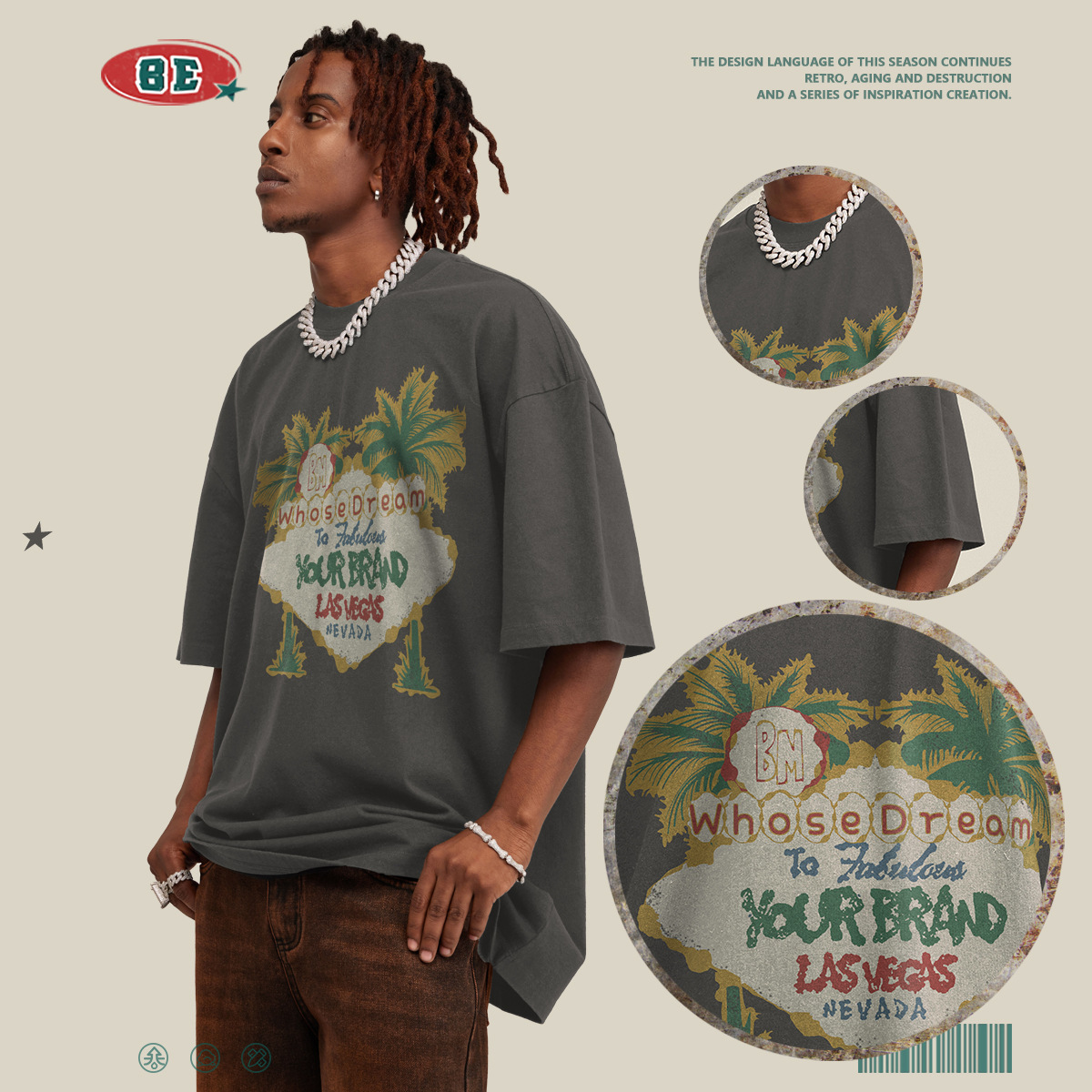 Camiseta de Marca BE para Hombre, Colección Primavera/Verano 2025, Estilo Vacaciones en la Costa Oeste, con Estampado de Palmeras, Manga Corta, Holgada, Moderna, Casual y Versátil