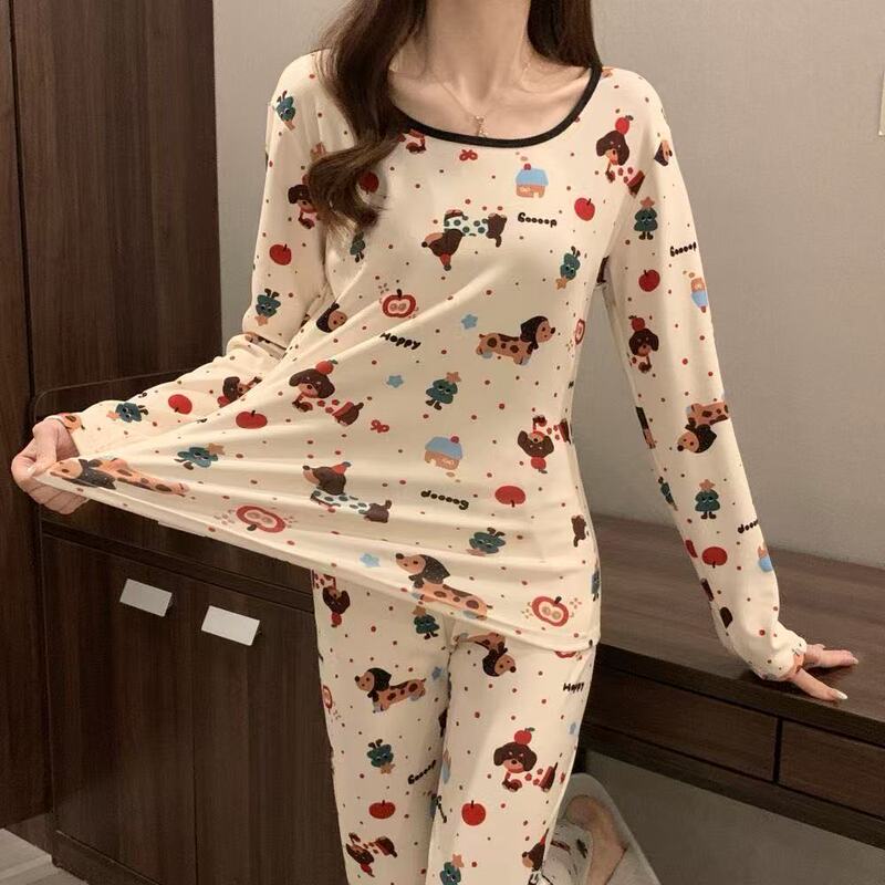 Women's thermal underwear set, including a thermal top and pants, for autumn and winter, featuring a slim fit, new style, and a sweet and cute design, perfect as loungewear or pajamas Women's thermal underwear set, including a thermal top and pants, for autumn and winter, featuring a slim fit, new style, and a sweet and cute design, perfect as loungewear or pajamas