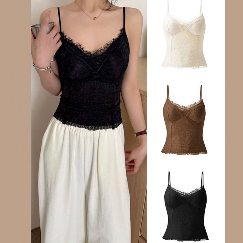 French-Style New Sexy Pure Desire Lace Camisole with Chest Pads for Women, Suitable for Wearing as an Inner Layer or Outerwear French-Style New Sexy Pure Desire Lace Camisole with Chest Pads for Women, Suitable for Wearing as an Inner Layer or Outerwear
