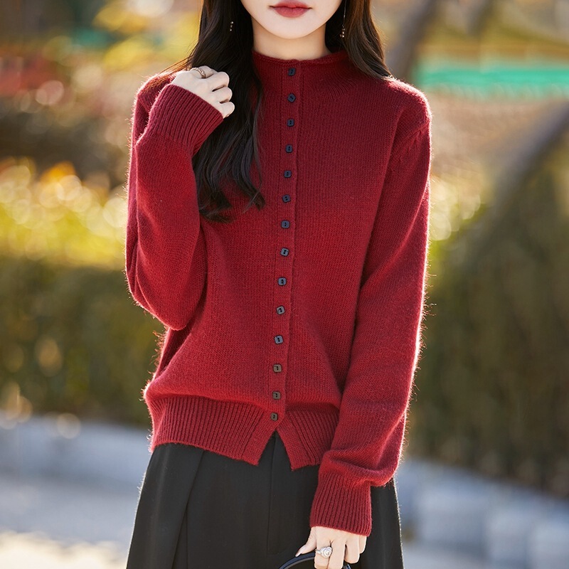 Korean-style solid color half-high collar single-breasted knitted cardigan for women, autumn loose simple soft versatile sweater for women Korean-style solid color half-high collar single-breasted knitted cardigan for women, autumn loose simple soft versatile sweater for women