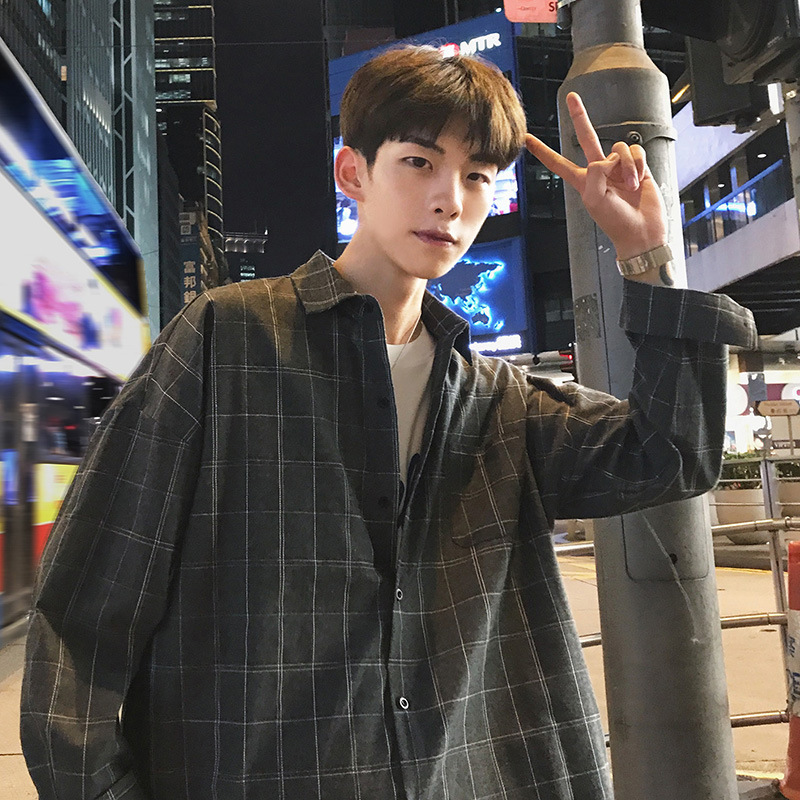 Verano nueva camisa de manga larga hombres sueltos camisa a cuadros Negro estilo coreano de moda guapo primavera y otoño top