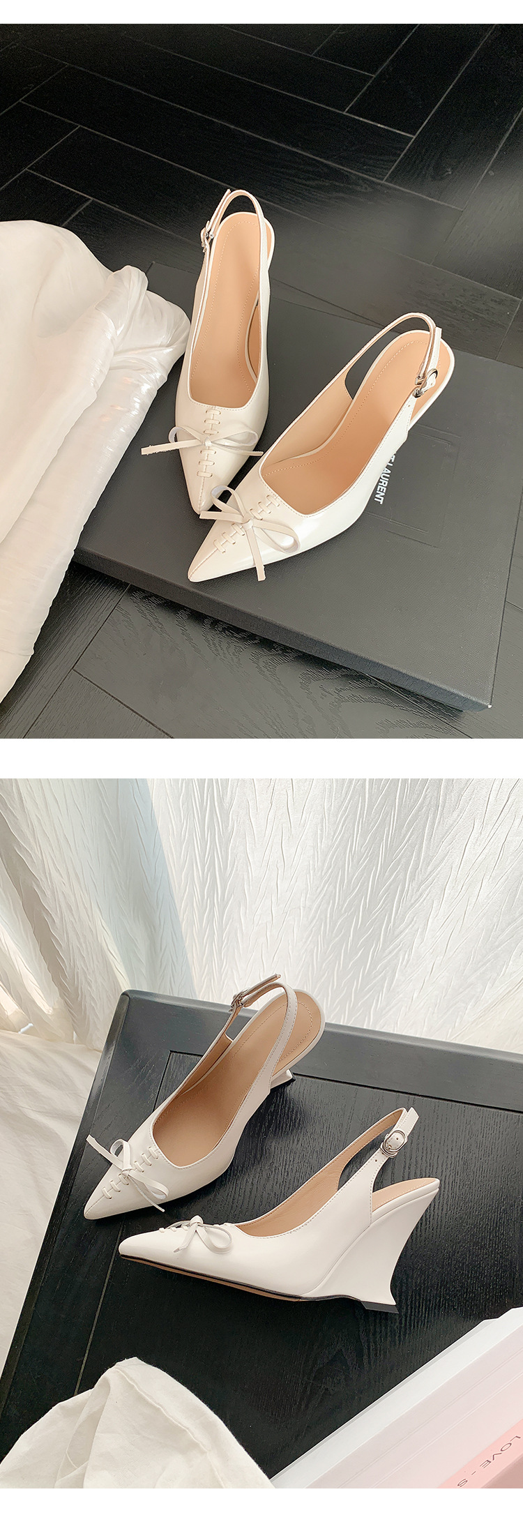 Sandal cao gót nữ mũi nhọn hở gót, gót xuồng 9 cm, nơ bướm — màu đen, màu trắng ngà chi tiết 12