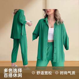 秋季速卖通跨境高腰宽松麻衬衫套装大码长袖九分裤两件套时尚休闲