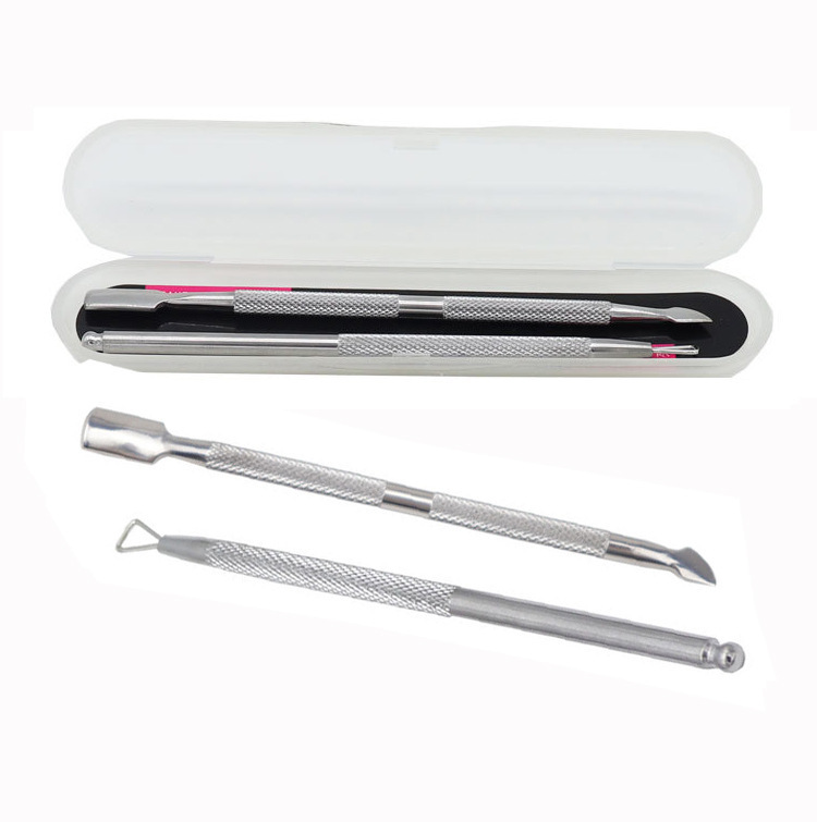 Acero inoxidable manicure acero empuje 4 piezas conjunto tenedor de piel muerta doble cabeza pequeño acero empuje esmalte de uñas cuchillo de eliminación de uñas empuje de piel muerta spot
