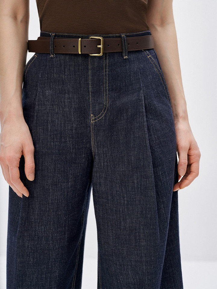 Quần ống rộng denim cạp cao phong cách retro cho nữ, form suông thoải mái tôn dáng — Xanh tím than