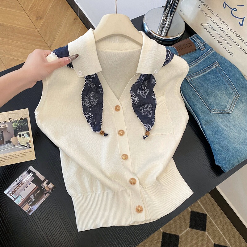 Real Shot of Old Money Style Lapel White Vest Sleeveless Vest with Silk Scarf Summer New Versatile Knitted Knitwear Top for Women