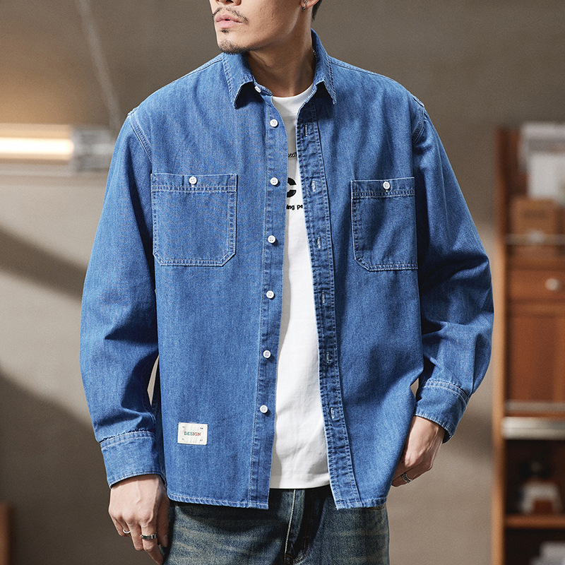 816 | plus size Men's Spring and Summer New Simple Denim Shirt Men's Loose Plus Size Joker Thin Long Sleeve Shirt