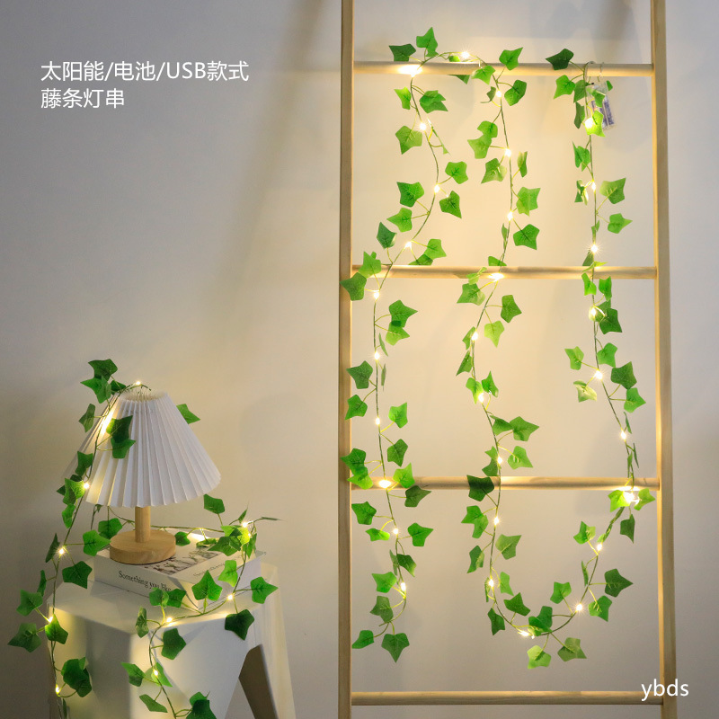 国境を越えた売れ筋のLEDソーラーグリーンリーフ籐ストリングライトひまわりグリーン植物屋外中庭ホリデーデコレーションライト|undefined