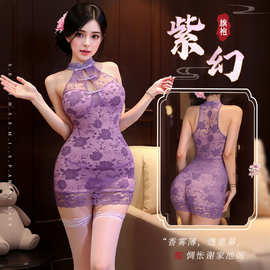 情趣内衣火辣性感新中式挂脖盘扣蕾丝旗袍透视诱惑包臀裙睡衣套装