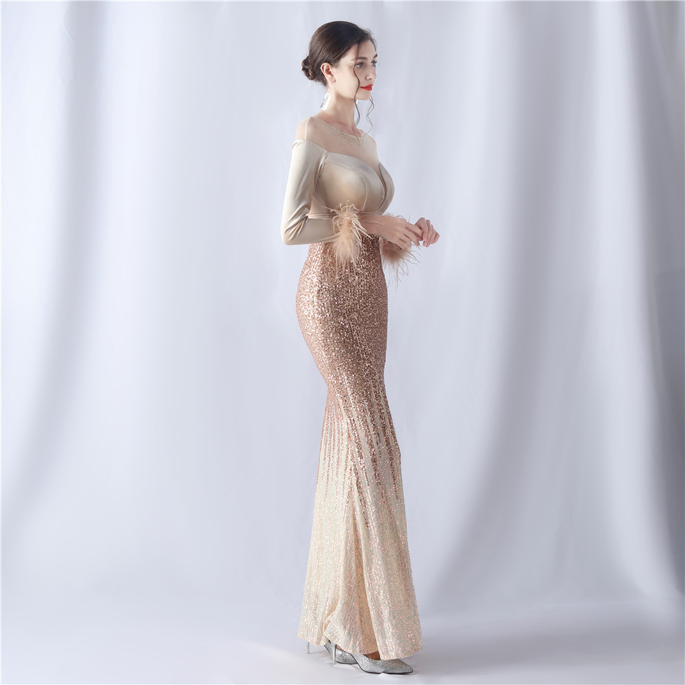 Women's gradient beaded diamond velvet high-end evening dress_voghion.com