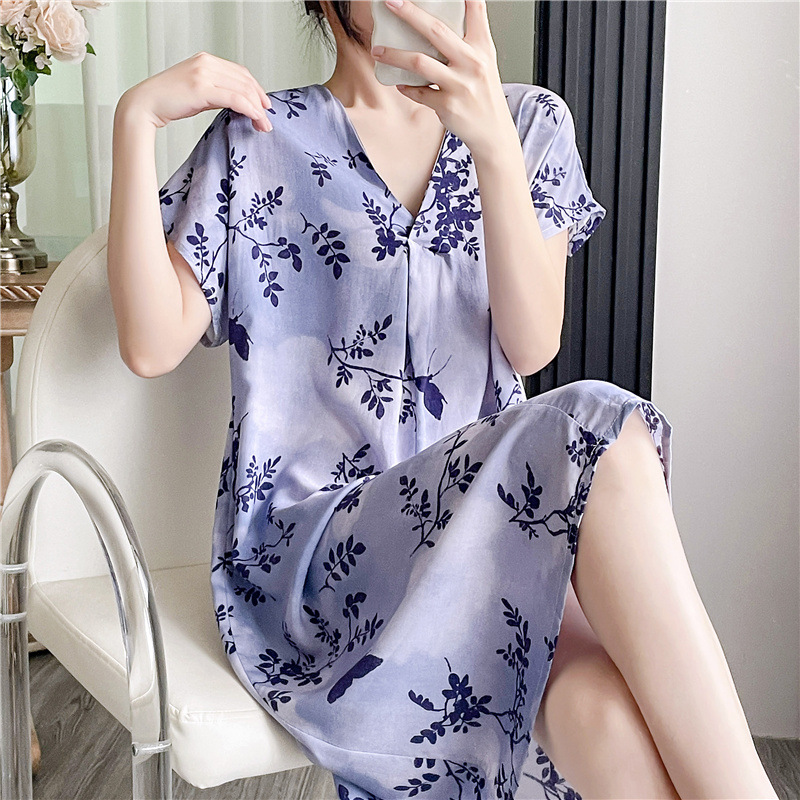 Camisón de seda de algodón para mujer verano nuevo Pijama estampado de dibujos animados de manga corta estilo coreano más tamaño ropa para el hogar suelta de seda de algodón delgada image 50