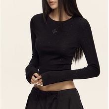 美式十字花满天星闪钻短款长袖T恤女修身秋冬新款内搭打底体恤