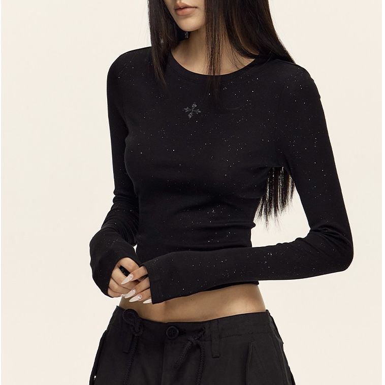 美式十字花满天星闪钻短款长袖T恤女修身秋冬新款内搭打底体恤