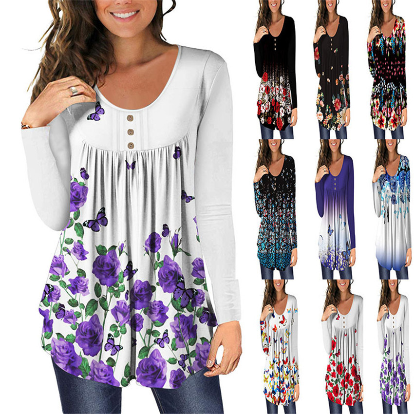 Floral Printed Long-Sleeved Pleated T-Shirt NSYHY106881