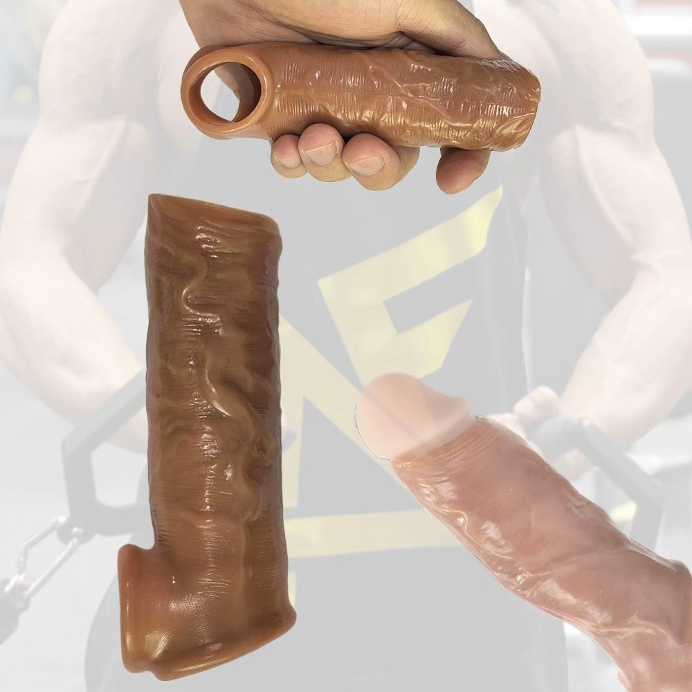 Silicone Extended Penis Condom Sleeve, Anti-Slip TPE Extender, 130x40mm, Brown — detail image 2