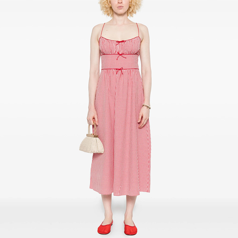 In Stock 1042 Summer New Style 2025 Plaid Square Neck Waist-Cinching Bow High-Waisted Backless Mid-Length Dress French Pastoral Style