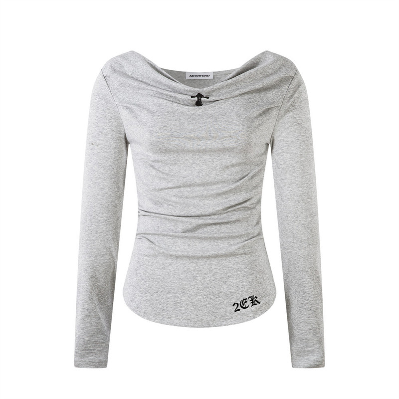 Cross-Print Pleated Waist-Cinching Long-Sleeve Women's T-Shirt with a Unique Design, Off-Shoulder, Off-Neck, Casual American High Street Top