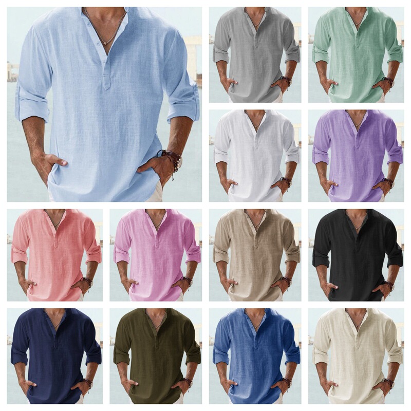 Summer New Casual Men's Loose Men's Fashionable Collar Sports Solid Color Long Sleeve Cotton Top Large Size Shirt in Stock