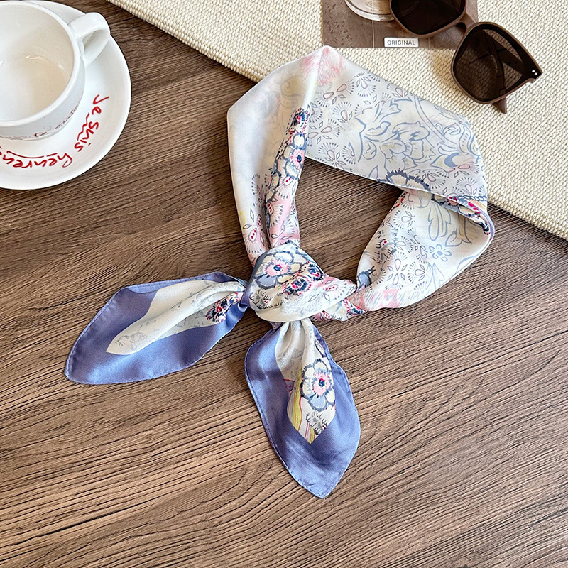 Bufanda de seda, bufanda cuadrada pequeña, nueva atmósfera coreana, pañuelo floral, cinturón para el cabello, bufanda decorativa, chal pequeño exterior