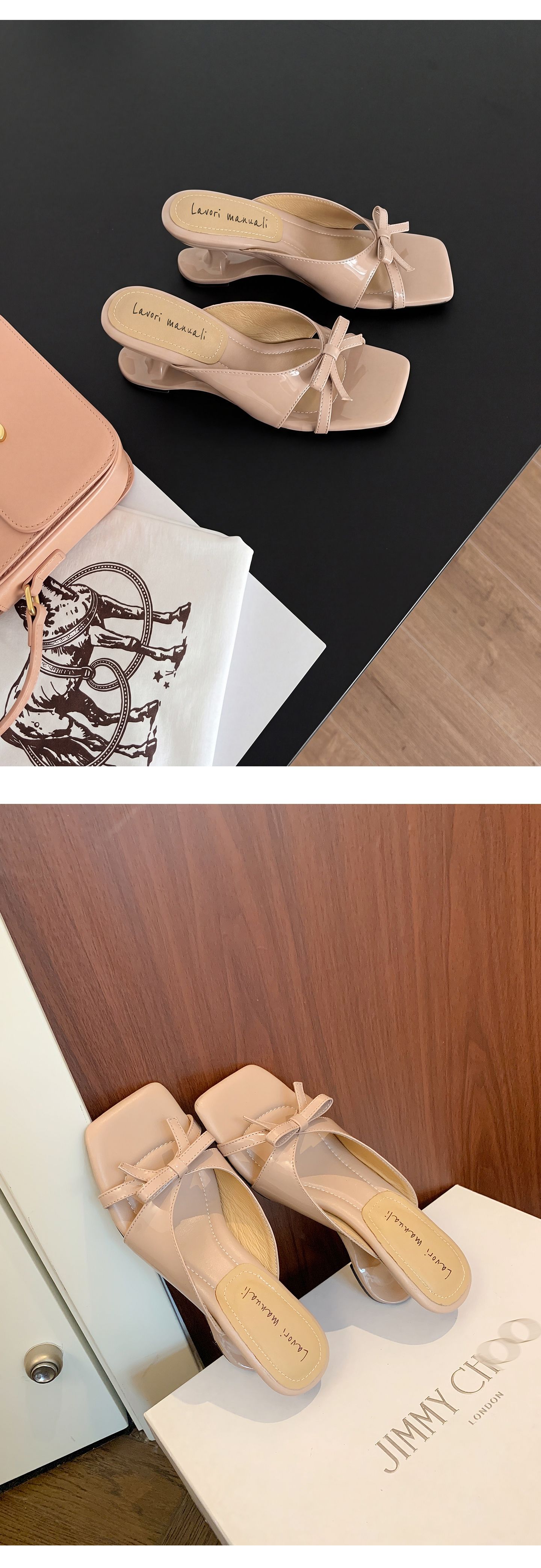 Sandal cao gót nữ mũi vuông da cừu nơ bướm đế mềm — Trần truồng hồng, Trắng chấm bi, bạc chi tiết 15
