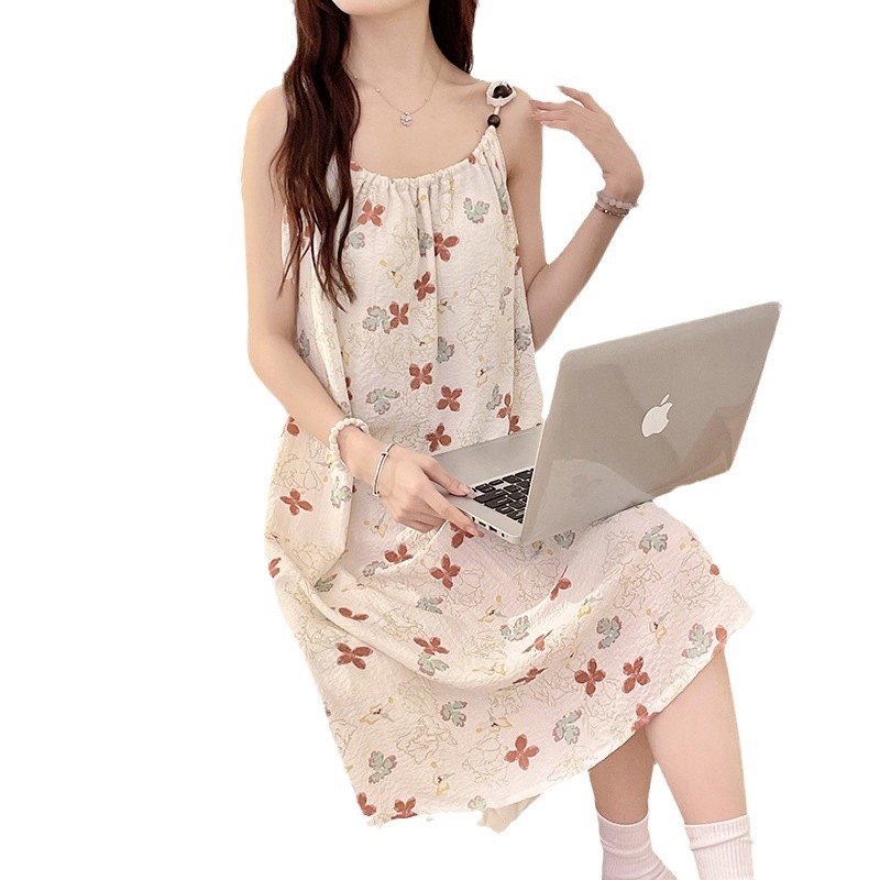 Verano 2024 aumento de peso con cojín de pecho fresco vestido de pijama de estudiantes de niña cabina de algodón Wal-Mart ropa de hogar media y larga