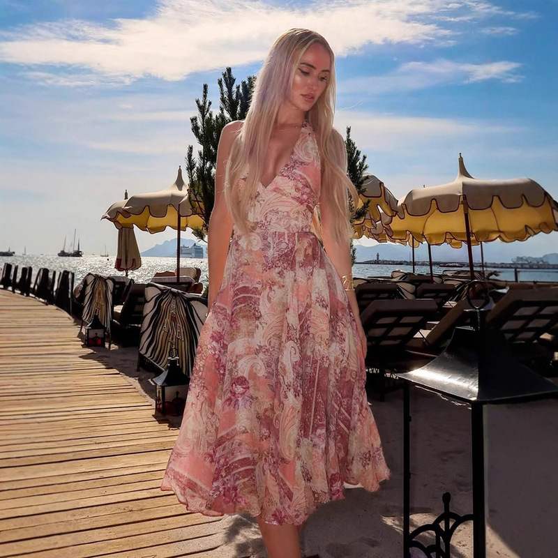 Independent Station Shein2025 New Summer Style Women's Flower Print Backless High Waist Elegant Mid-Length Skirt