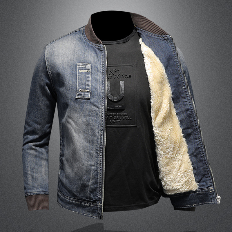European Style Baseball Collar Personalized Men's Denim Jacket with Fleece Lining, Warm and Thickened Denim Top H0661 Cross-Border