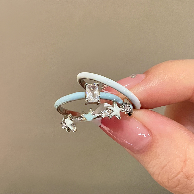 Bague en zircon en forme de goutte d'huile, ensemble deux pièces carré ouvert, style tendance, simple et frais, pour l'index._voghion.com