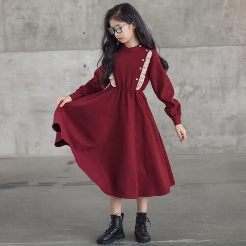 Girls' long skirts above the knee, spring and autumn Korean style children's clothing, fashionable long-sleeved children's dresses, princess dresses