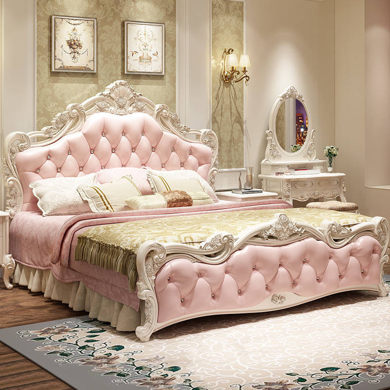 Modern Simple Solid Wood Princess Bed Simple European Double Bed Pink Leather Wedding Bed Master Bedroom Furniture Combination Set