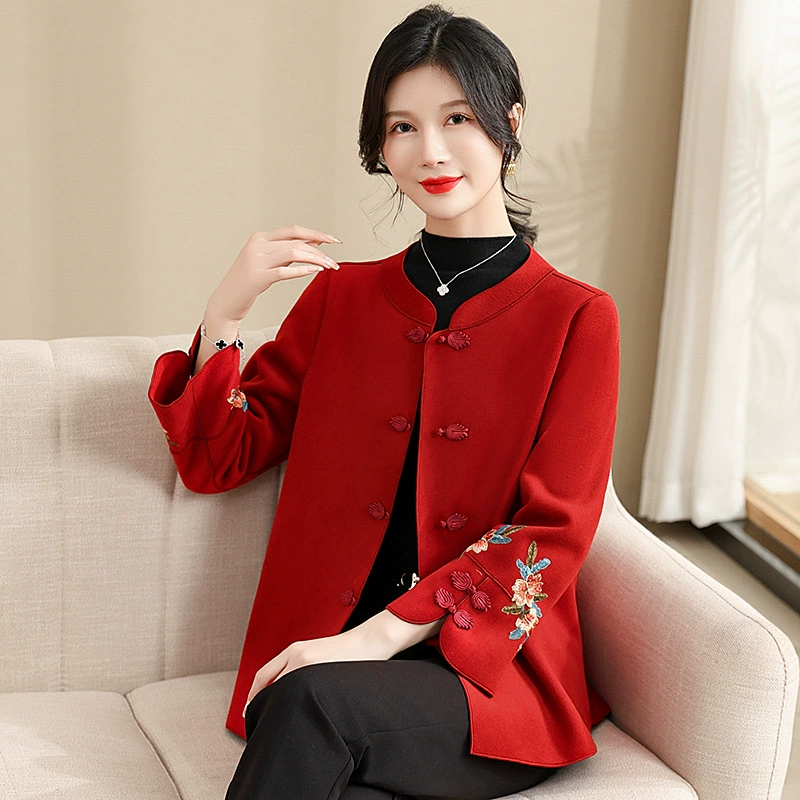 Красная праздничная одежда для свекрови среднего и пожилого возраста, свадебный банкет, одежда для мамы, весна и осень, двусторонний шерстяной вышитый Топ для женщин среднего и пожилого возраста