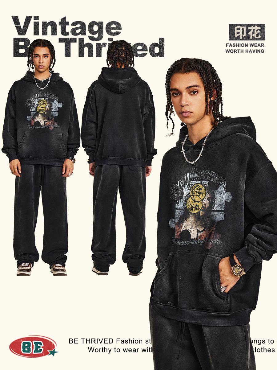 Be Hombres| 2025 otoño americano retro color salpicado silueta impresión abstracta pesada sudadera con capuz hombre transfronterizo image 4