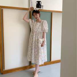 韩国ins女士夏季新品韩系睡衣花朵家居服睡裙连衣裙带发圈短袖女