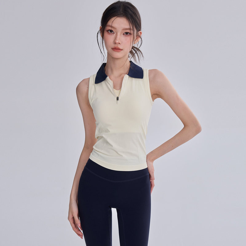 Polo collar slimming tennis shirt for women, quick-dry with chest pad, yoga shirt, T-shirt for running training, half-zip fitness vest