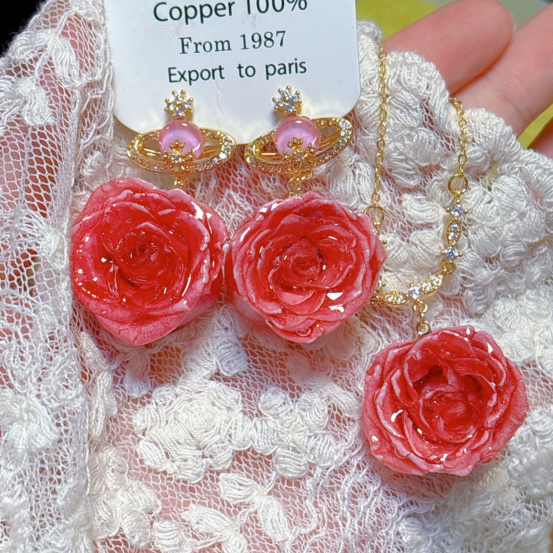 Duoyi Eternal Flower Rose Real Flower Earrings for Women - Zircon Necklace Amaranth Red Eternal Flower Rose Earrings for Women