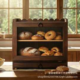 跨境木质双层面包盒翻盖式厨房糕点甜品柜家用面包箱整理箱