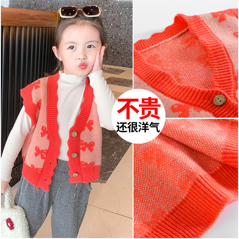 2021新款女童马甲可爱满印蝴蝶结中小童秋款上衣韩版休闲开衫外套